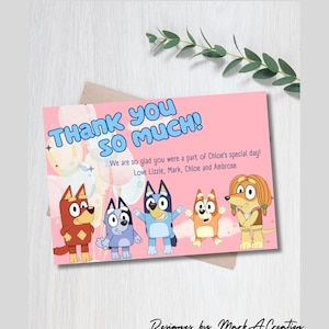 Bluey Thank You Birthday Bash Einladung: Bearbeitbare 6x4 DIY Digitale Vorlage für Fans