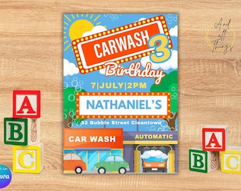 Invitación de Cumpleaños Fiesta Lavado de Coches - Diseño Personalizable para Niños - Plantilla Digital Imprimible DIY para Niños
