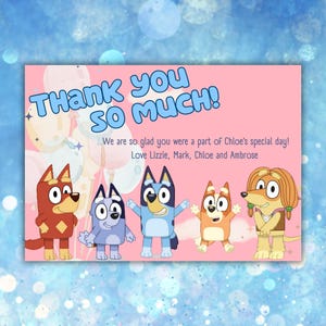 Bluey Thank You Pink Party Invitation: 6x4