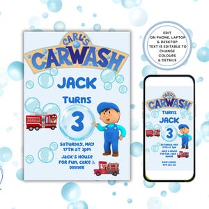 Carls Car wash birthday - Editable Invitation | Digital DIY Printable Kids Party Template