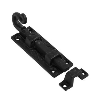 May include: Black metal bolt latch with a curved hook and rectangular base. The latch is designed for secure closure and features a classic, rustic style. The bolt measures approximately 6 inches in length.