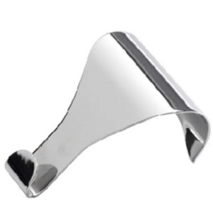 May include: A silver metal hook with a curved shape. The hook is designed to hang items on a wall.