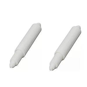 May include: Two white plastic toilet paper roll holders. The holders are cylindrical and have a rounded end.