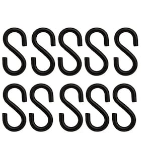 May include: Ten black metal S-shaped hooks. All the hooks are the same size and shape.