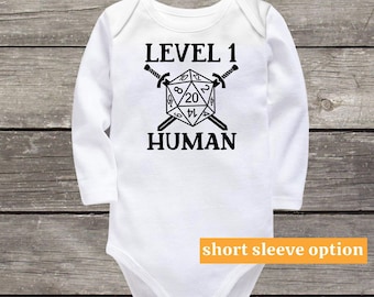Level 1 Human Baby Bodysuit, MMO, RPG, Twenty Sided Dice, Funny Baby Clothes, Cute Baby Outfit, Hipster, Newborn Outfit, Baby Announcement