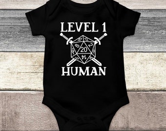 Niveau 1 menselijke babybody, MMO, RPG, twintigzijdige dobbelstenen, grappige babykleding, schattige babyoutfit, hipster, pasgeboren outfit, babyaankondiging