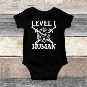 Level 1 Human Baby Bodysuit, MMO, RPG, Twenty Sided Dice, Funny Baby Clothes, Cute Baby Outfit, Hipster Baby Clothes, Newborn Outfit, Baby Announcement, Gamer Gift, Baby Boy Clothes, Baby Girl Clothes, New Dad Gift, Baby Romper, Baby Vest