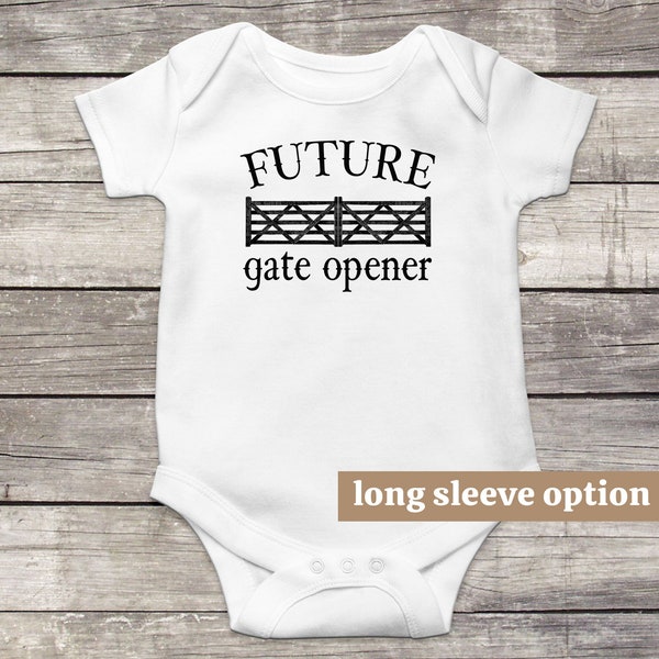 Farm Baby Bodysuit, Future Gate Opener, Funny Baby Clothes, Cute Baby Outfit, Ranch Baby Clothes, Cowboy, Rural, Western Baby Announcement