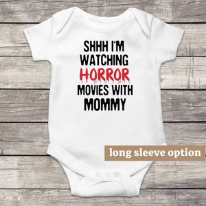 Horror Baby Bodysuit, Horror Movies With Mommy, Funny Baby Clothes, Scary Baby Outfit, Spooky Baby Clothes, Halloween Baby Announcement