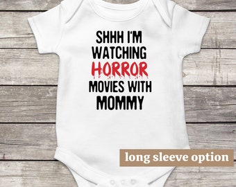 Horror Baby Bodysuit, Horror Movies With Mommy, Funny Baby Clothes, Scary Baby Outfit, Spooky Baby Clothes, Halloween Baby Announcement