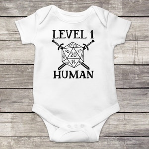 Level 1 Human Baby Bodysuit, MMO, RPG, Twenty Sided Dice, Funny Baby Clothes, Cute Baby Outfit, Hipster, Newborn Outfit, Baby Announcement imagem 2