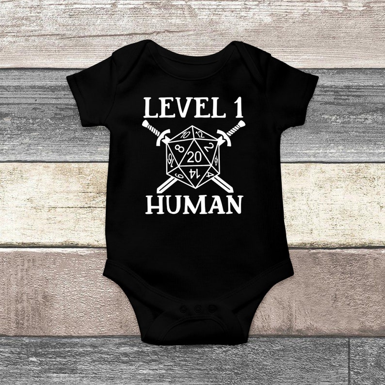 Level 1 Human Baby Bodysuit, MMO, RPG, Twenty Sided Dice, Funny Baby Clothes, Cute Baby Outfit, Hipster Baby Clothes, Newborn Outfit, Baby Announcement, Gamer Gift, Baby Boy Clothes, Baby Girl Clothes, New Dad Gift, Baby Romper, Baby Vest