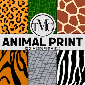 May include: A digital paper pack with six different animal print patterns. The patterns include leopard, crocodile, giraffe, tiger, snake, and zebra. The paper is 300 DPI and 12x12 inches.