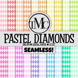 May include: A digital paper design with pastel diamond patterns in pink, orange, yellow, green, blue, and purple. The design is labelled "Pastel Diamonds" and is 30.48cm x 30.48cm.