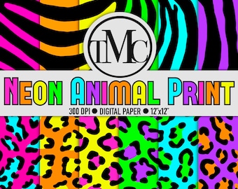 Neon Animal Print + TWO BONUS RAINBOW Prints! Zebra and Leopard Digital Scrapbook Paper