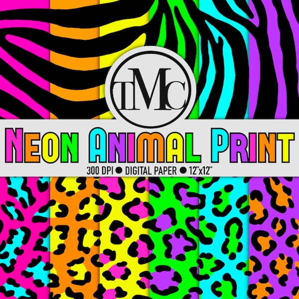 Neon Animal Print + TWO BONUS RAINBOW Prints! Zebra and Leopard Digital Scrapbook Paper