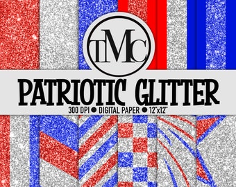 Patriotyczny papier brokatowy cyfrowy – wzory do scrapbookingu w kolorze czerwonym, białym i niebieskim (do pobrania w wersji cyfrowej)