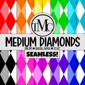 May include: A set of 12 digital papers featuring a seamless medium diamond pattern in various colors. The papers are 300 DPI and measure 12x12 inches.