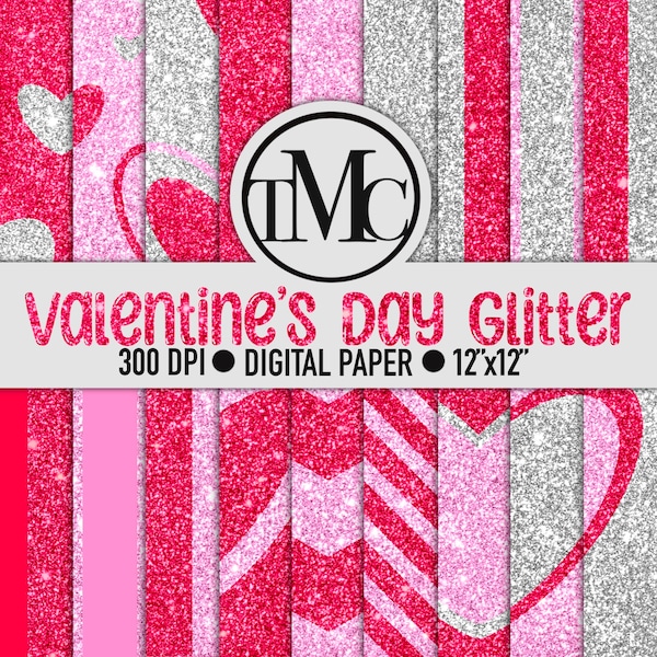 Valentine’s Day Pink Glitter Digital Paper - Digital Scrapbook Paper, Digital Hearts Paper