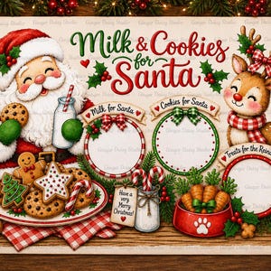 Può includere: Una tovaglietta rettangolare con il testo Milk & Cookies for Santa, un'illustrazione di Babbo Natale con una bottiglia di latte, una renna, tre cornici circolari per i dolcetti, un piatto di biscotti, una ciotola di carote e bastoncini di zucchero.