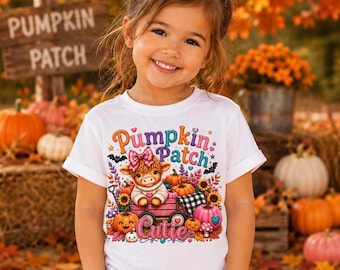 Pumpkin Patch Cutie Highland Cow PNG, Cute Fall Girl Sublimation Design, Toddler Halloween Shirt, Autumn Pumpkin PNG
