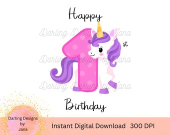 Einhorn Happy 1st Birthday PNG, Geburtstag druckbare, sofortiger digitaler Download, Vorlage für Sublimation