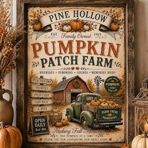 Puede incluir: Un letrero rectangular enmarcado con el texto Pine Hollow Pumpkin Patch Farm, Est. 1961. La ilustración muestra un granero rojo, una camioneta verde llena de calabazas y un molino de viento. El texto incluye Hayrides, Pumpkins, Gourds, Memories Made.