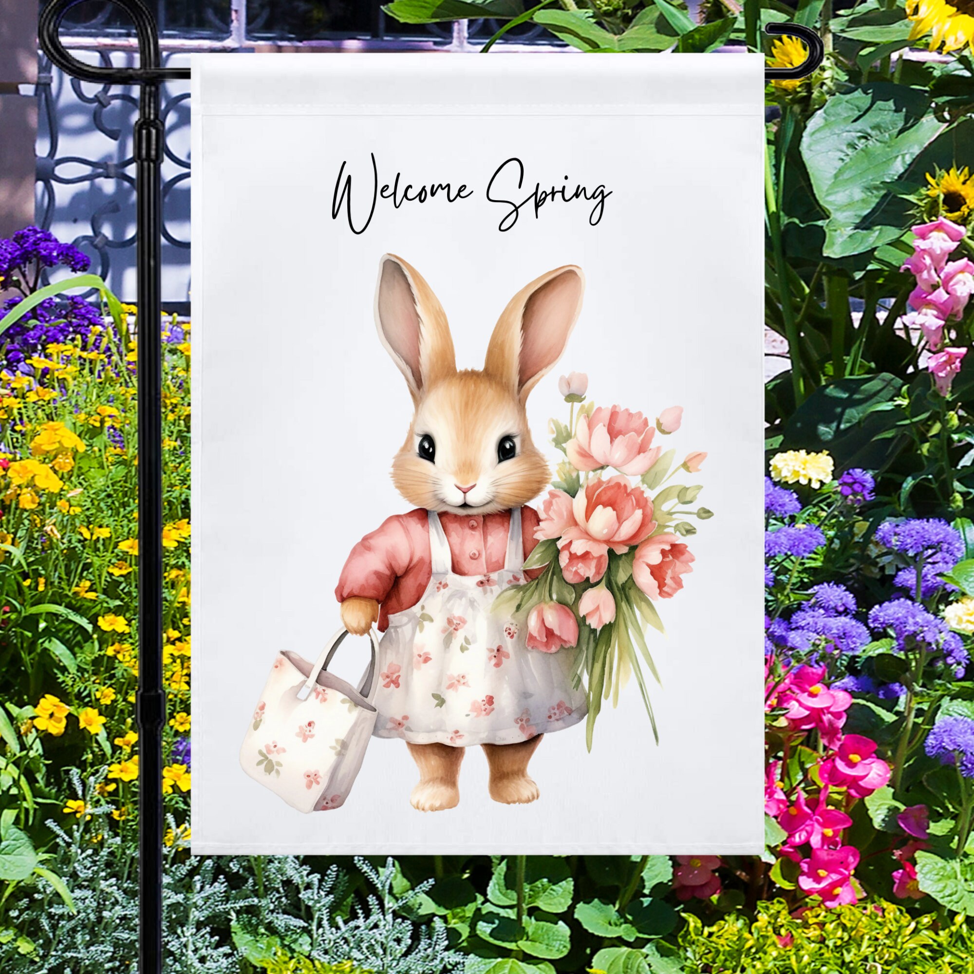 Welcome Spring PNG, Adorable Rabbit Carrying Flowers and Bag, Instant ...