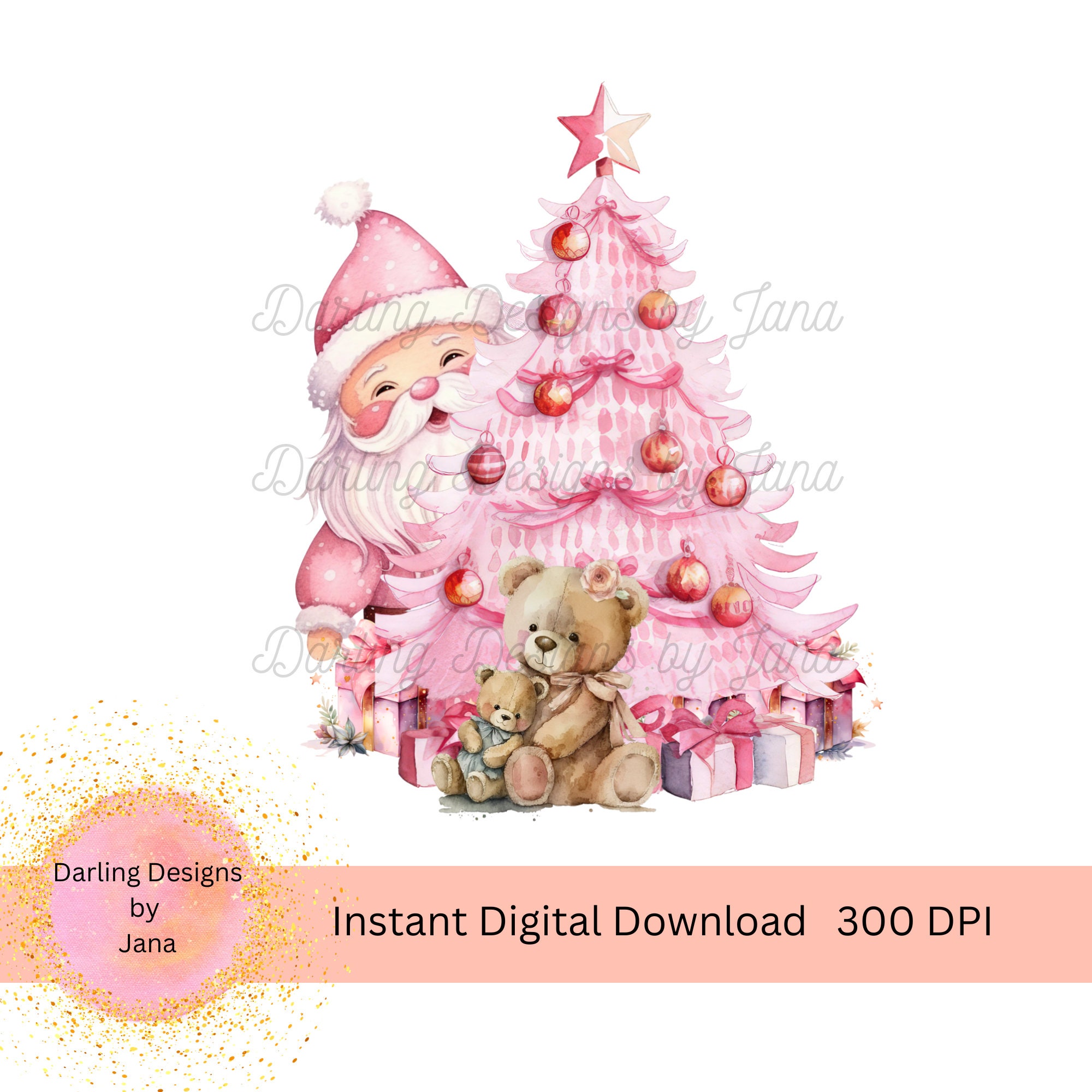 Pink Santa Peeking Behind Christmas Tree With Teddy Bears and Presents PNG, Christmas Printable