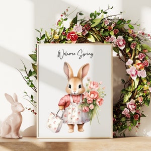 Welcome Spring PNG, Adorable Rabbit Carrying Flowers and Bag, Instant ...