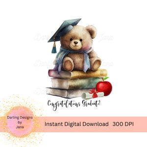 Felicitaciones, graduado PNG, lindo oso con birrete y diploma sentado sobre libros, descarga digital instantánea, plantilla para sublimación