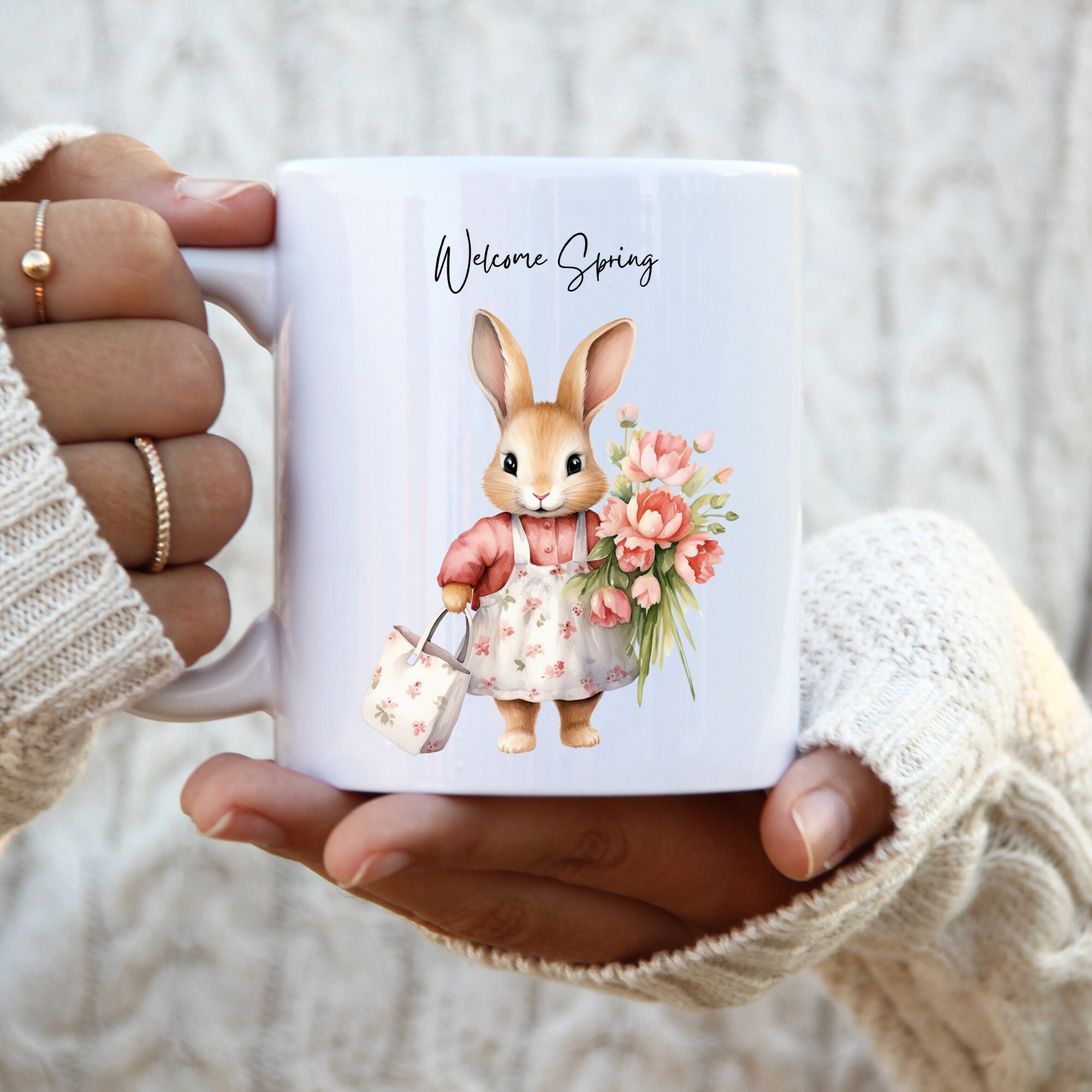 Welcome Spring PNG, Adorable Rabbit Carrying Flowers and Bag, Instant ...
