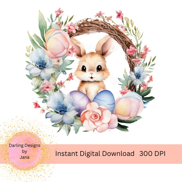 Easter Bunny in Wreath PNG, Instant Digital Download, Template for Sublimation