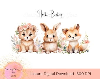 Hello Baby, Baby Animals PNG, Baby Shower, Instant Digital Download. Templae for Sublimation
