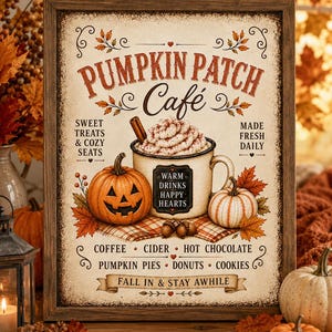 Könnte beinhalten: Ein rechteckiges gerahmtes Schild mit cremefarbenem Hintergrund im Vintage-Stil und der Aufschrift PUMPKIN PATCH Café. Es zeigt eine Tasse heiße Schokolade mit Schlagsahne, einen geschnitzten Kürbis, einen weißen Kürbis und Herbstblätter.
