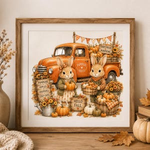 Op de afbeelding: Waterverfprint van een oranje vintage truck vol pompoenen, zonnebloemen en twee konijnen. Eén konijn houdt een pompoen vast, de ander een mand met pompoenen. Borden met "Pumpkin Patch", "Farm Fresh Pumpkins" en "Hello Fall".