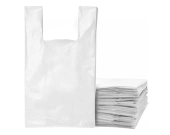 White Plastic T-Shirt Bags – Strong Reusable Shopping Bags 10x15x18 Inch, Durable Carrier Bags, Grocery Retail Takeaway Bags 15 Micron Thick