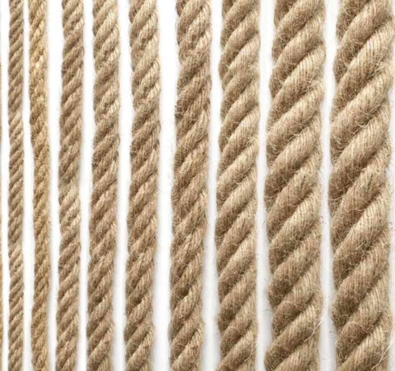 May include: A collection of nine different natural fiber ropes, all in various shades of brown, arranged vertically against a white background.
