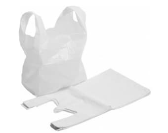 Op de afbeelding: Twee witte plastic tassen, een gevouwen en een staand.