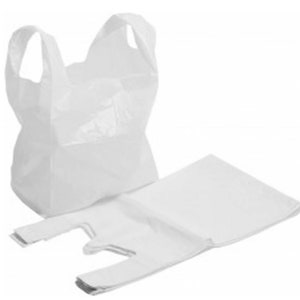 Op de afbeelding: Twee witte plastic tassen, een gevouwen en een staand.