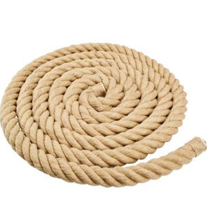 May include: A thick, natural-fiber rope coiled into a circle. The rope is made of a natural material, such as jute or sisal, and has a rough, textured surface.