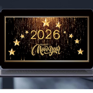 May include: A laptop screen displays a New Year's design for 2026. The background is black with gold glitter and stars. The text "2026" and "Happy New Year" are in gold script. The laptop is silver and black.