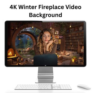 May include: A computer monitor displays a cozy winter scene with a fireplace, a woman wearing a headset, and the text "4K Winter Fireplace Video Background." A white keyboard and mouse are in the foreground.