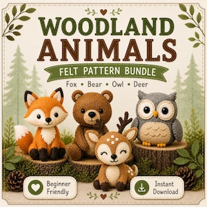 Könnte beinhalten: Ein Filz-Schnittmuster-Bundle mit Waldtieren: einem Fuchs, einem Bären, einer Eule und einem Reh. Die Tiere sind braun, orange und grau und sitzen auf Baumstümpfen. Der Text lautet "Woodland Animals Felt Pattern Bundle".