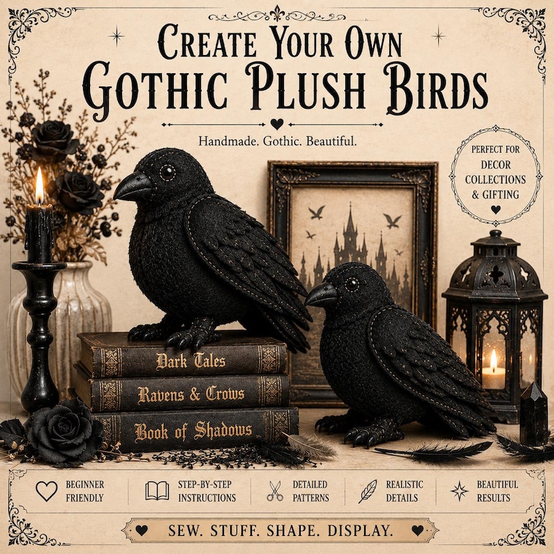 May include: Two black plush birds with textured feathers and dark eyes, positioned on a stack of three books titled Dark Tales, Ravens & Crows, and Book of Shadows. The scene includes a black candle, a framed castle print, and a black lantern.