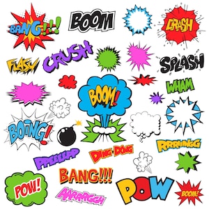May include: A collection of colorful comic book sound effects, including "Bang!" "Boom!" "Pow!" "Crash!" and "Wham!" These sound effects are often used in comic books and graphic novels to represent the sound of explosions, punches, and other actions.