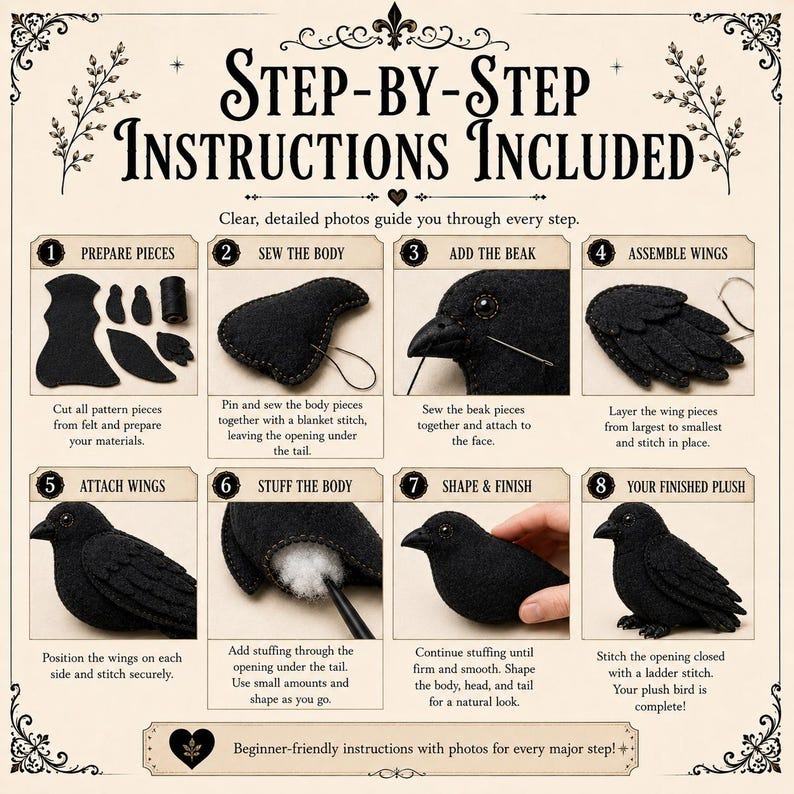 May include: An instructional guide titled STEP-BY-STEP INSTRUCTIONS INCLUDED featuring eight numbered panels. It illustrates the process of crafting a black felt bird plush, showing steps from preparing felt pieces to sewing, stuffing, and finishing the bird.