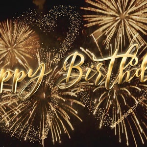 Tarjeta animada de feliz cumpleaños, mp4, gif, png, negra y dorada con canción de cumpleaños y fuegos artificiales, fondo con zoom
