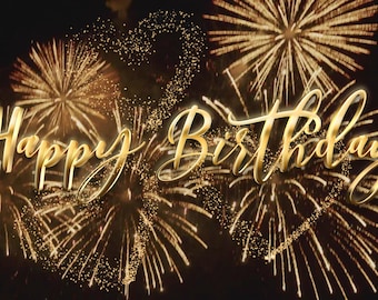 Happy Birthday Animated Card, mp4, Gif, png, Black and Gold with Birthday Song and Fireworks ,Zoom Background. Editable Template Included