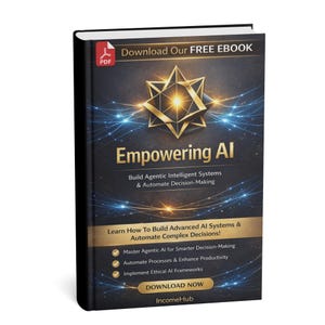 May include: A book titled "Empowering AI" with a dark cover and gold starburst design. The text reads "Download Our FREE EBOOK." The book's description includes building AI systems and automating complex decisions. The book is a guide to AI.